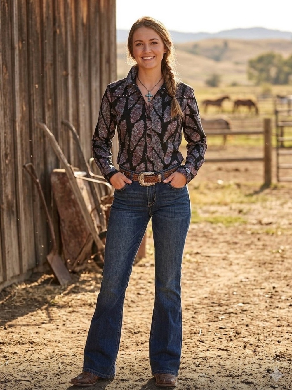 Wrangler Ultra 20X Rodeo Western Black Feather-Print Button-Up Shirt Women’s M